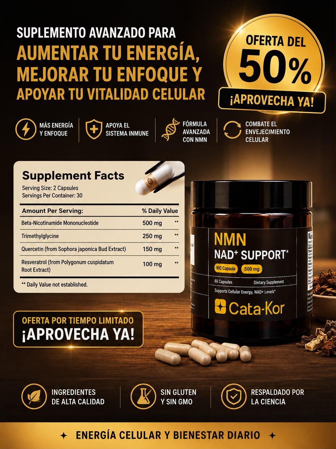 Suplemento NMN - Energía celular, vitalidad y apoyo al envejecimiento saludable.